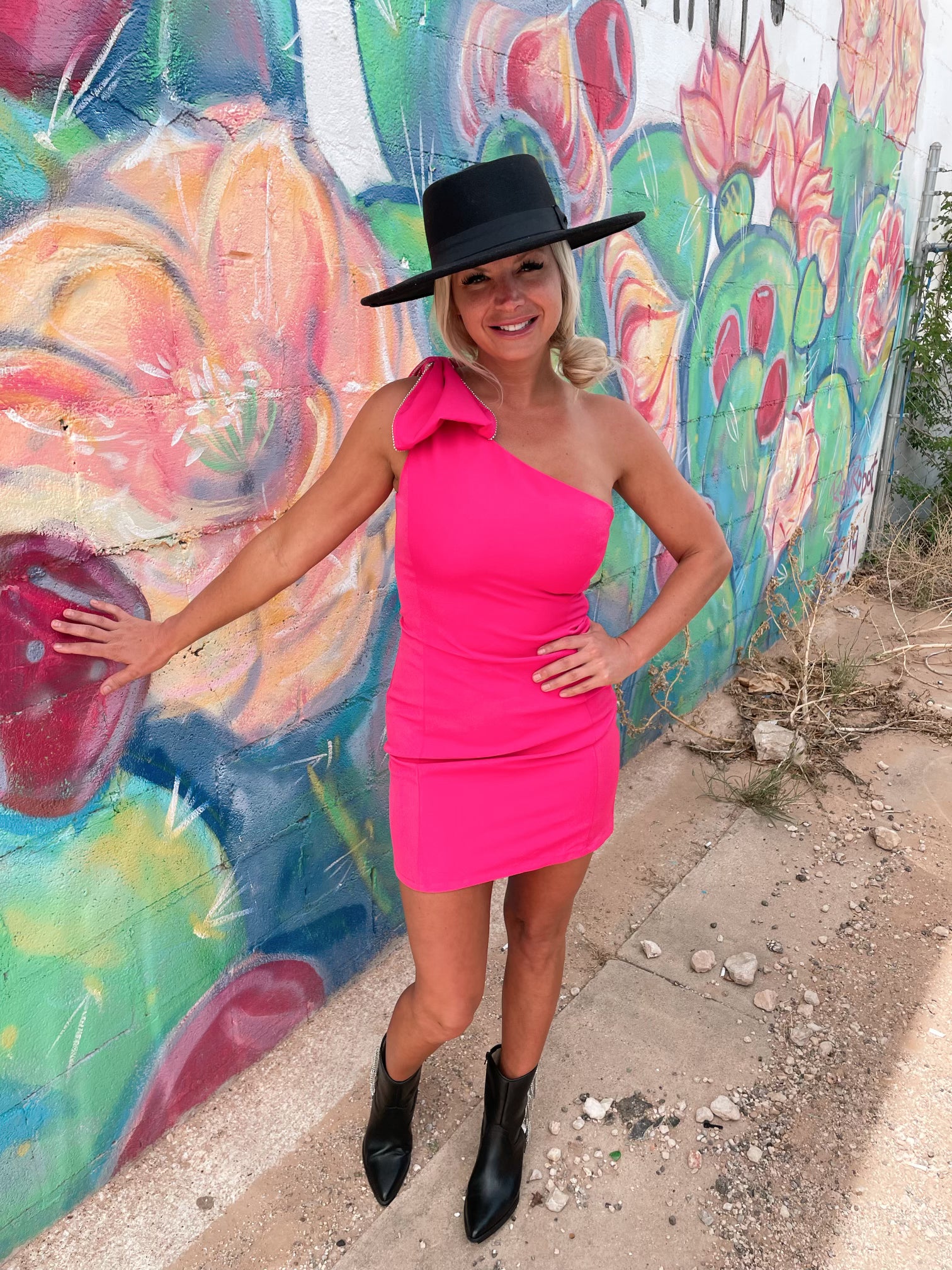 Dixie Neon pink bow sleeve dress
