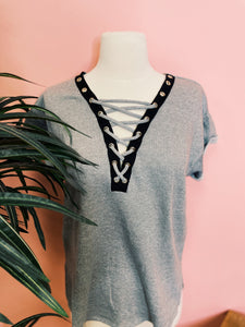 Grey Lace me Up Top