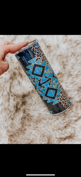 Aztec turquoise/ leopard Sippy + Tumbler