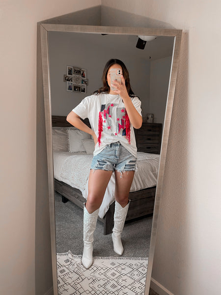 Sequin Boots red & white tee