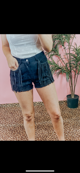 Black Betty Fringe Denim Black Shorts