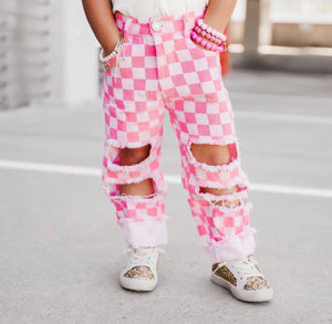 Little babes pink checkered distress denim